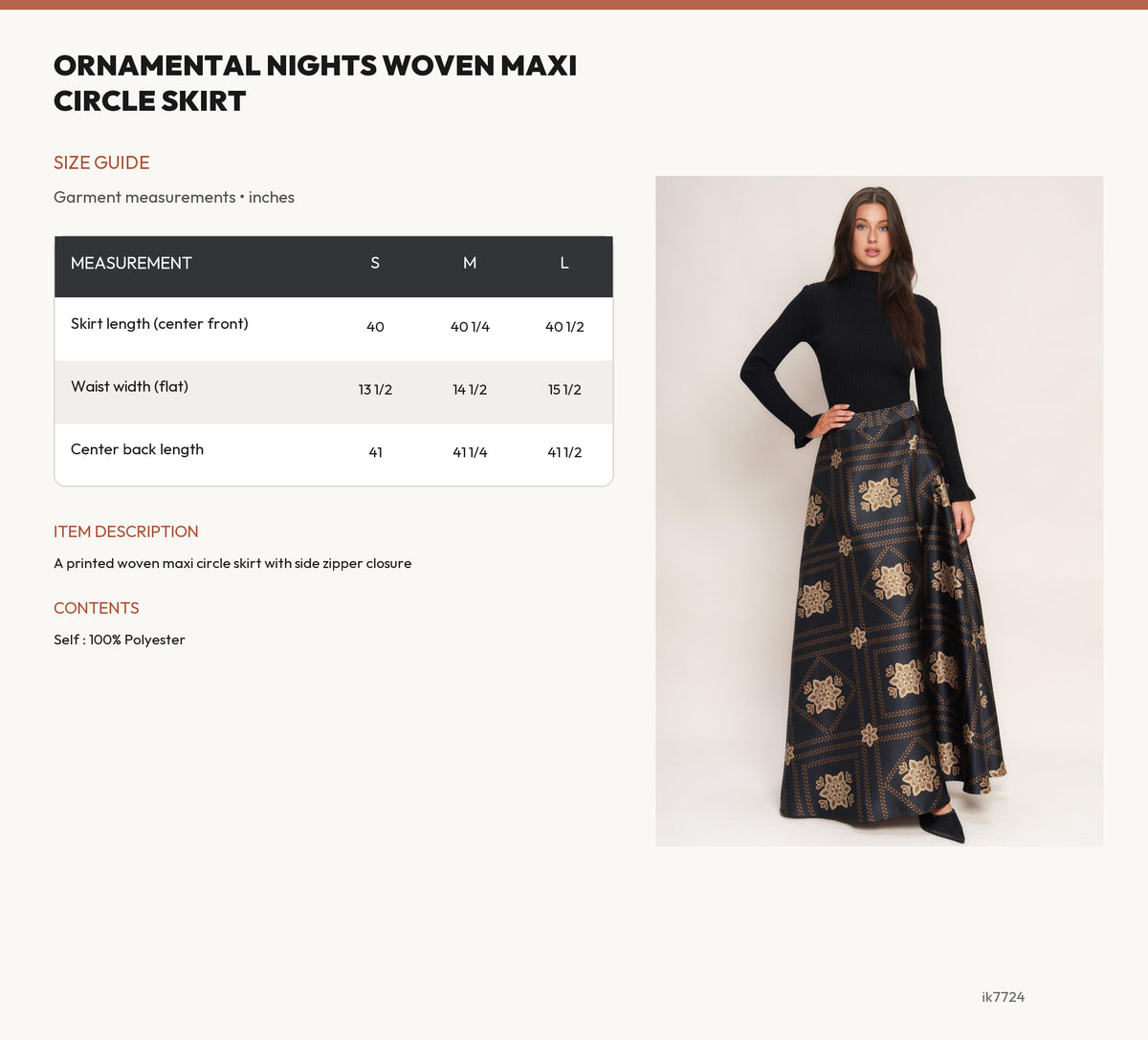 ORNAMENTAL NIGHTS WOVEN MAXI CIRCLE SKIRT size chart
