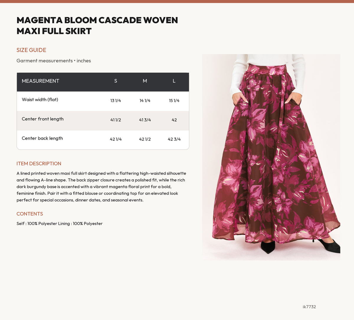 MAGENTA BLOOM CASCADE WOVEN MAXI FULL SKIRT size chart