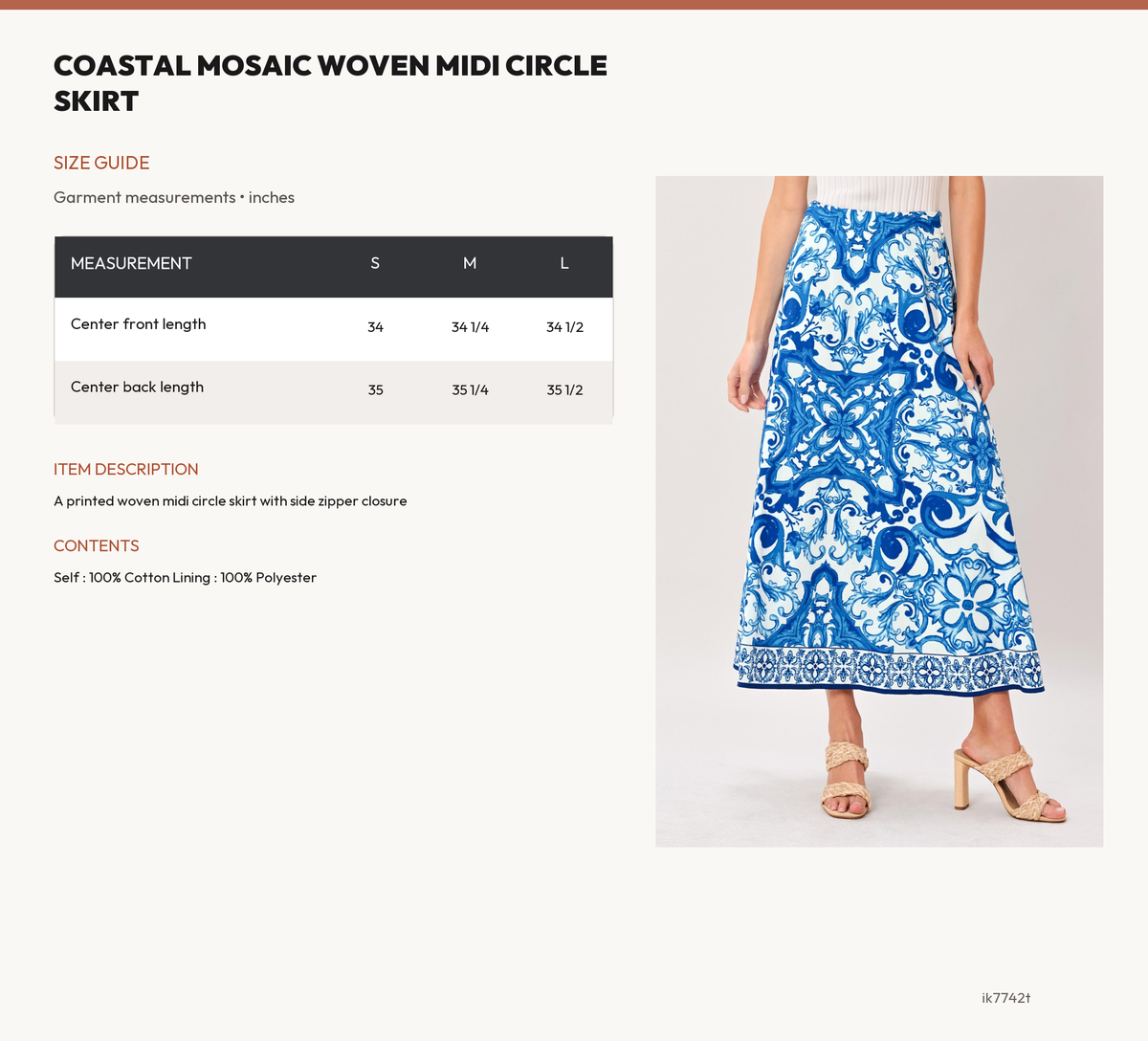 COASTAL MOSAIC WOVEN MIDI CIRCLE SKIRT size chart