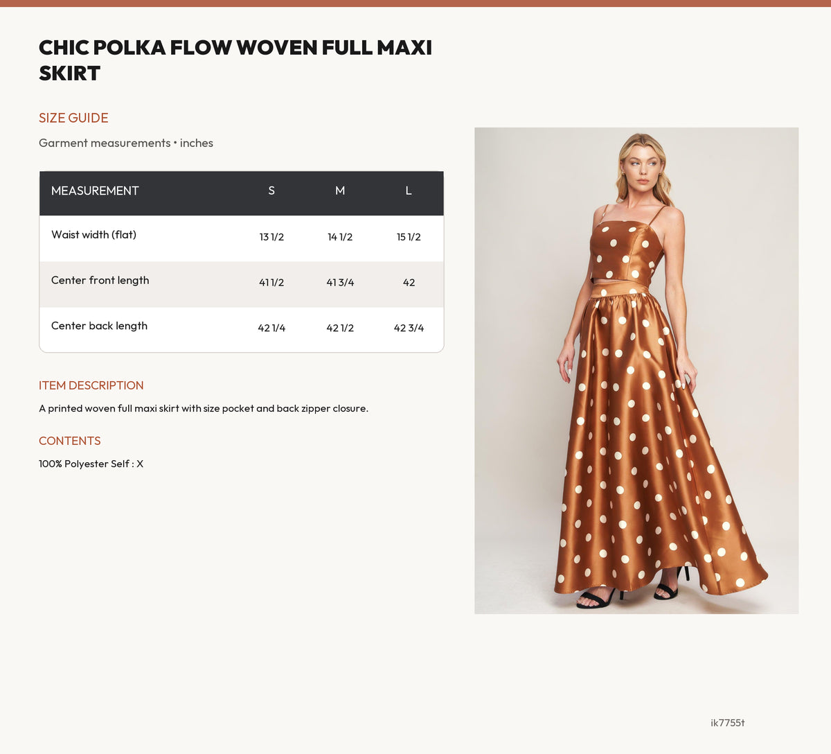 CHIC POLKA FLOW WOVEN FULL MAXI SKIRT size chart