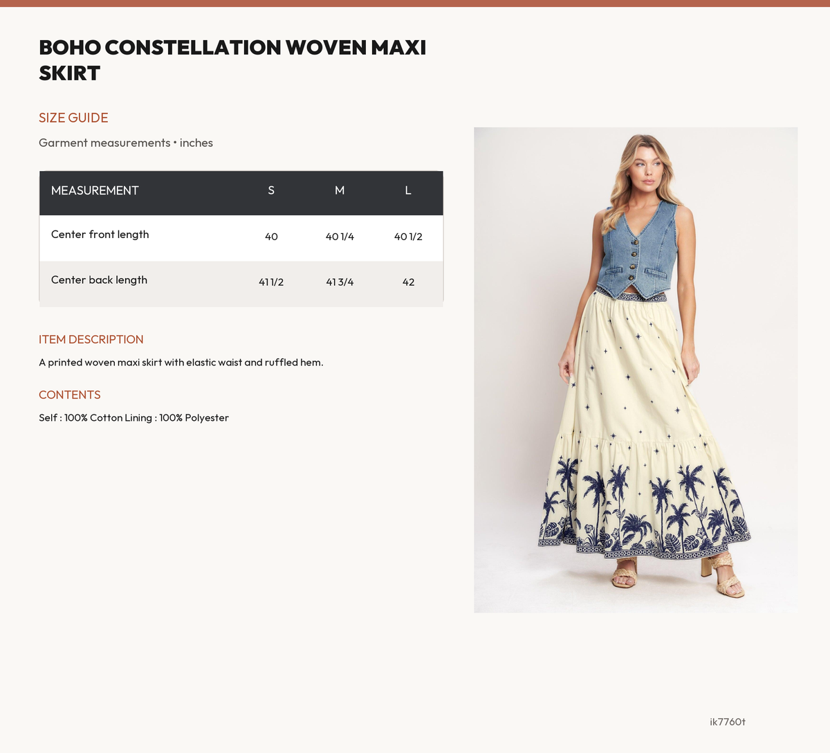 BOHO CONSTELLATION WOVEN MAXI SKIRT size chart
