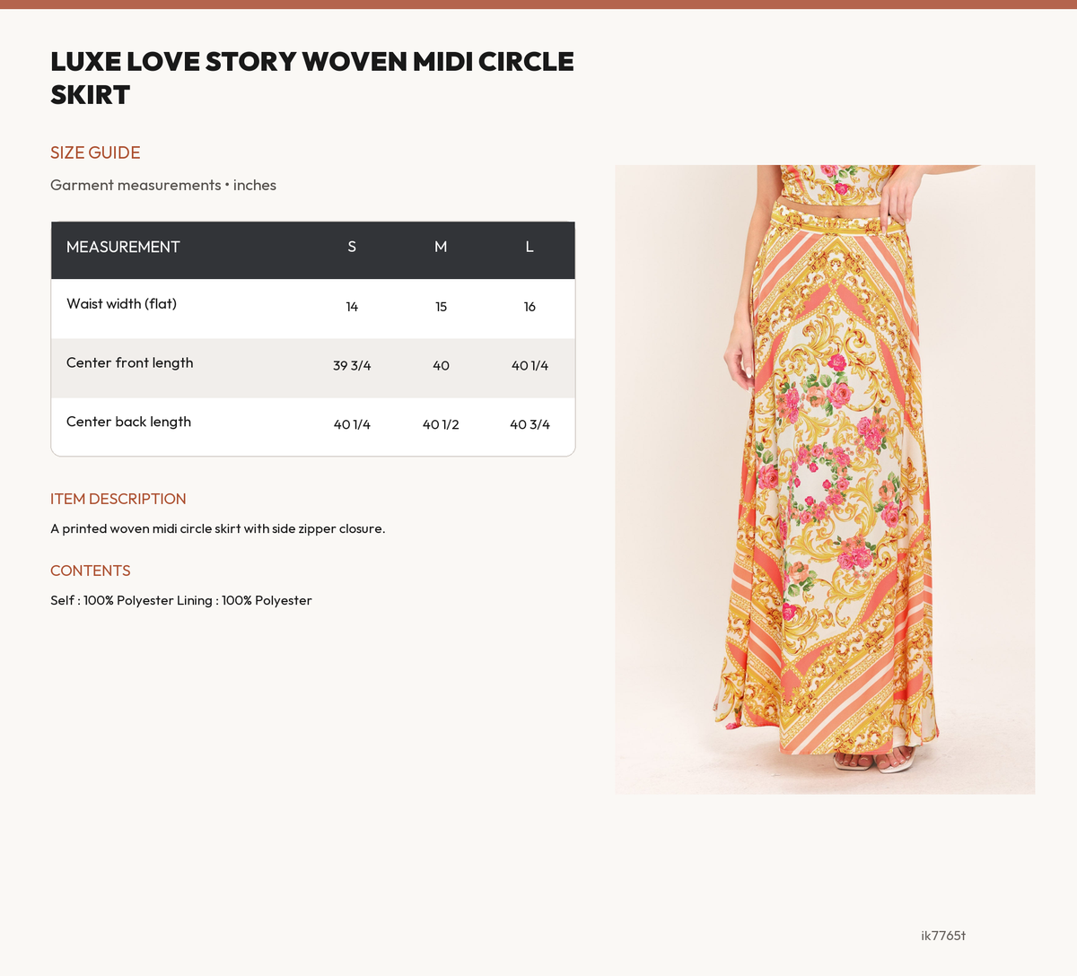 LUXE LOVE STORY WOVEN MIDI CIRCLE SKIRT size chart