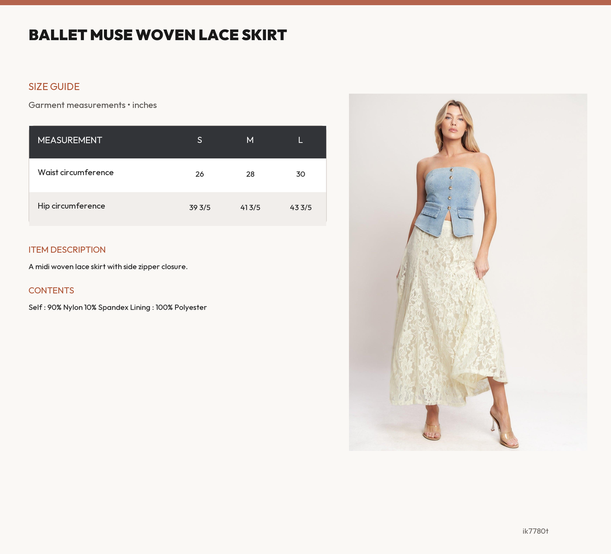 BALLET MUSE WOVEN LACE SKIRT size chart