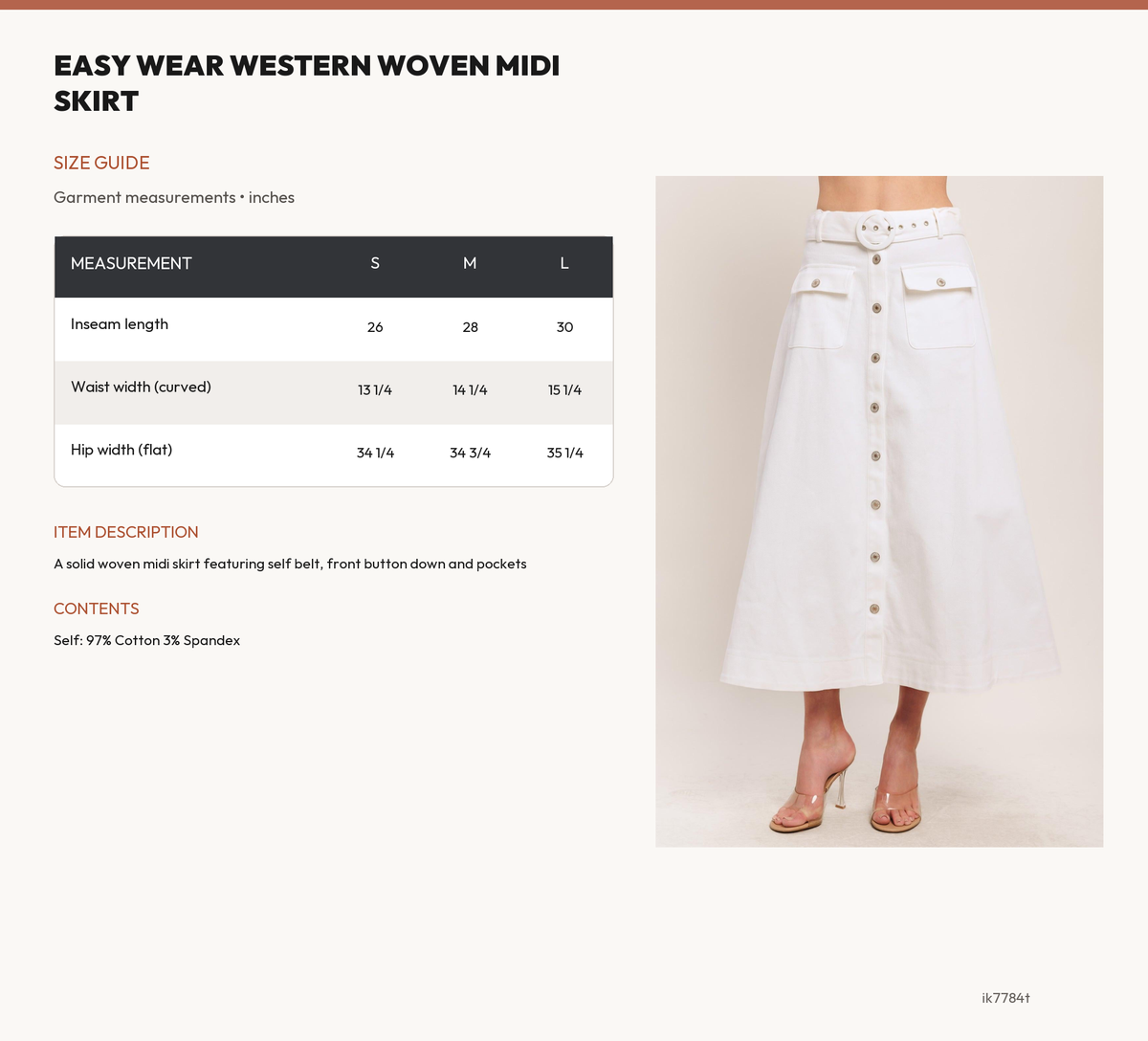 EASY WEAR WESTERN WOVEN MIDI SKIRT size chart