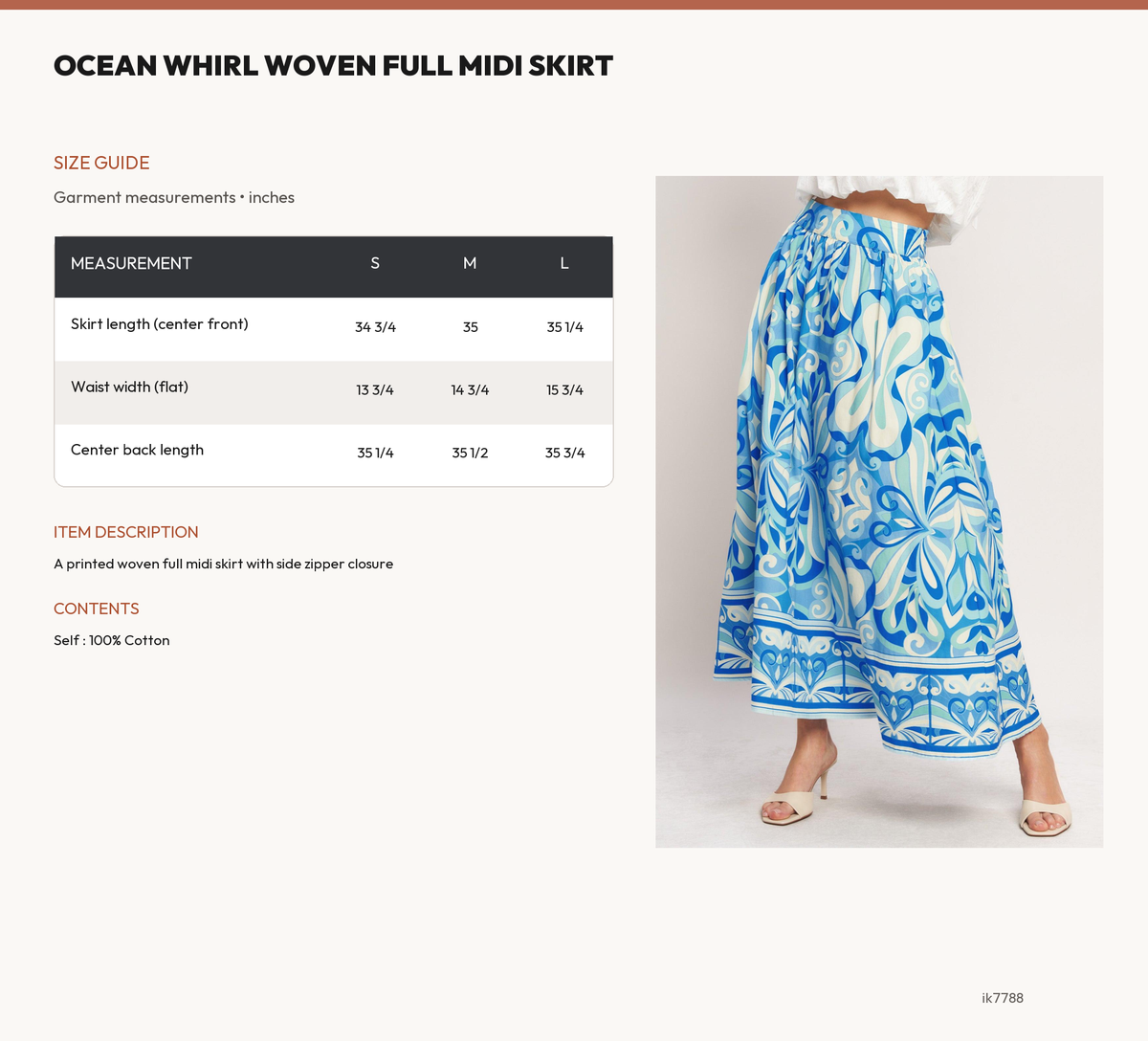 OCEAN WHIRL WOVEN FULL MIDI SKIRT size chart