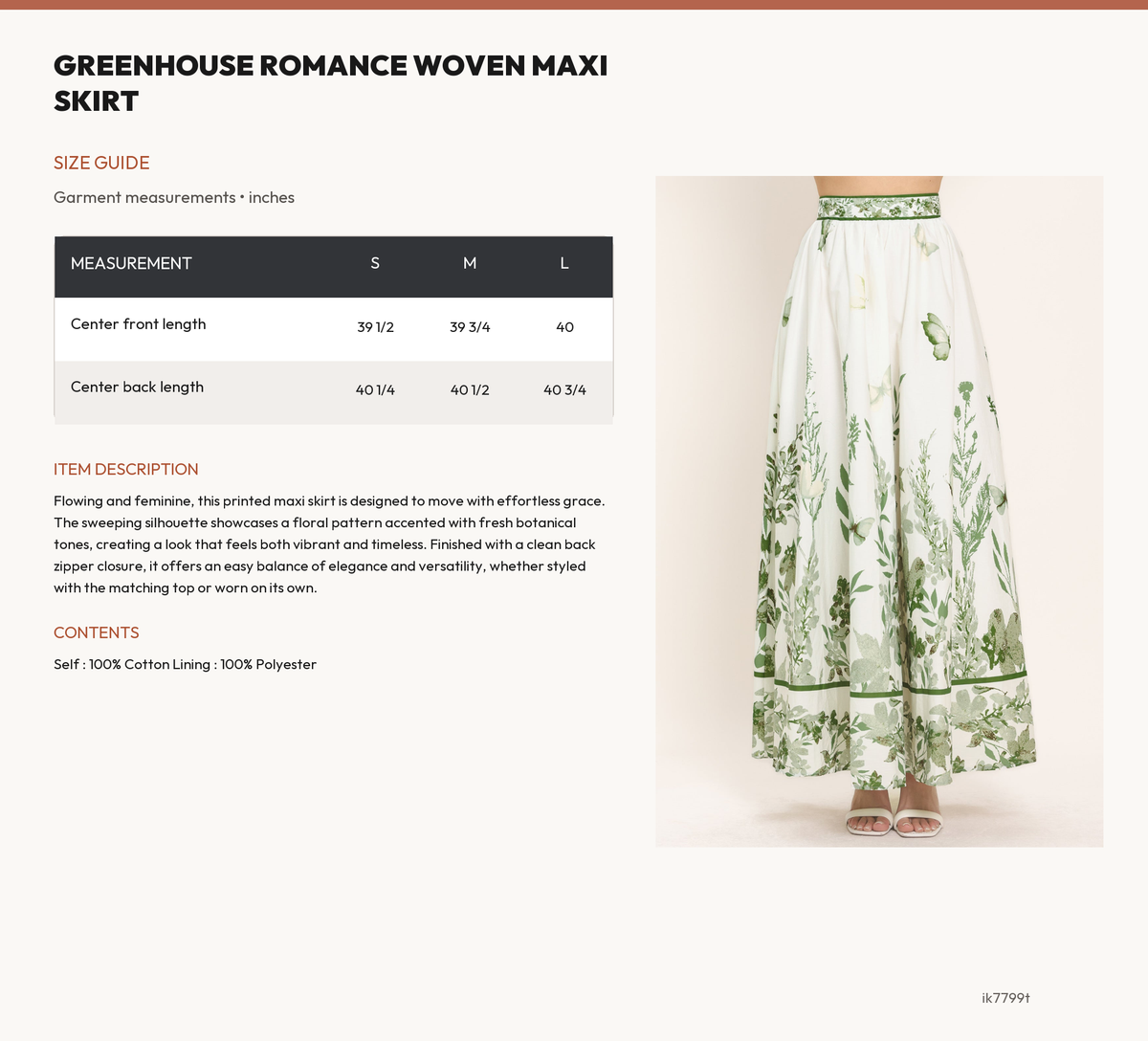 GREENHOUSE ROMANCE WOVEN MAXI SKIRT size chart