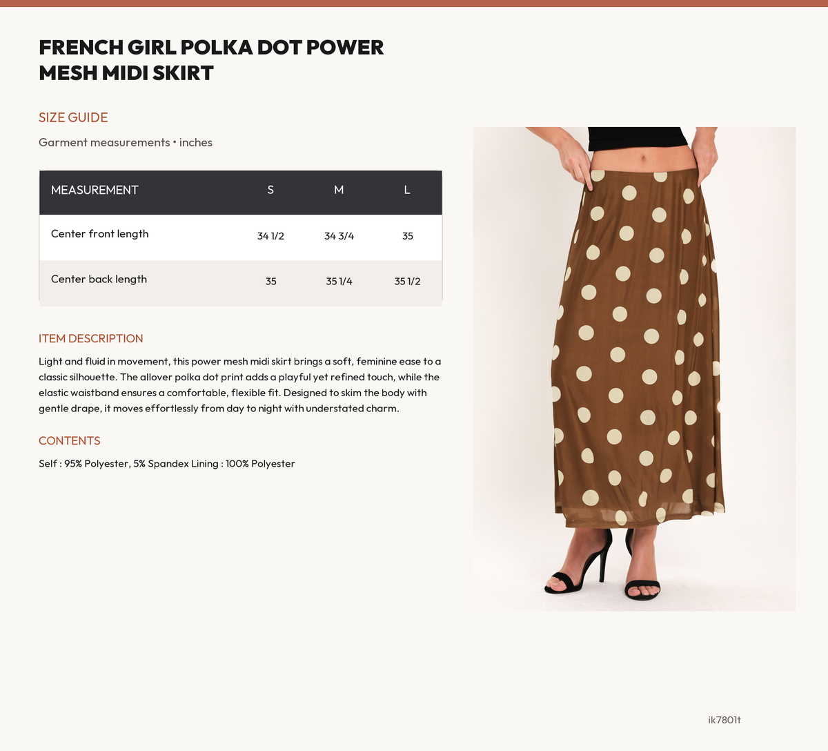 FRENCH GIRL POLKA DOT POWER MESH MIDI SKIRT size chart