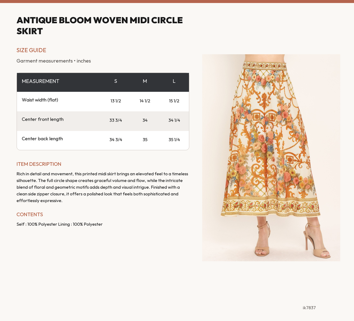ANTIQUE BLOOM WOVEN MIDI CIRCLE SKIRT size chart