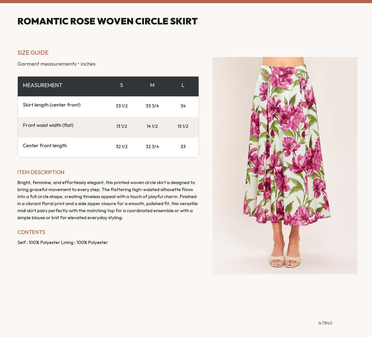 ROMANTIC ROSE WOVEN CIRCLE SKIRT size chart