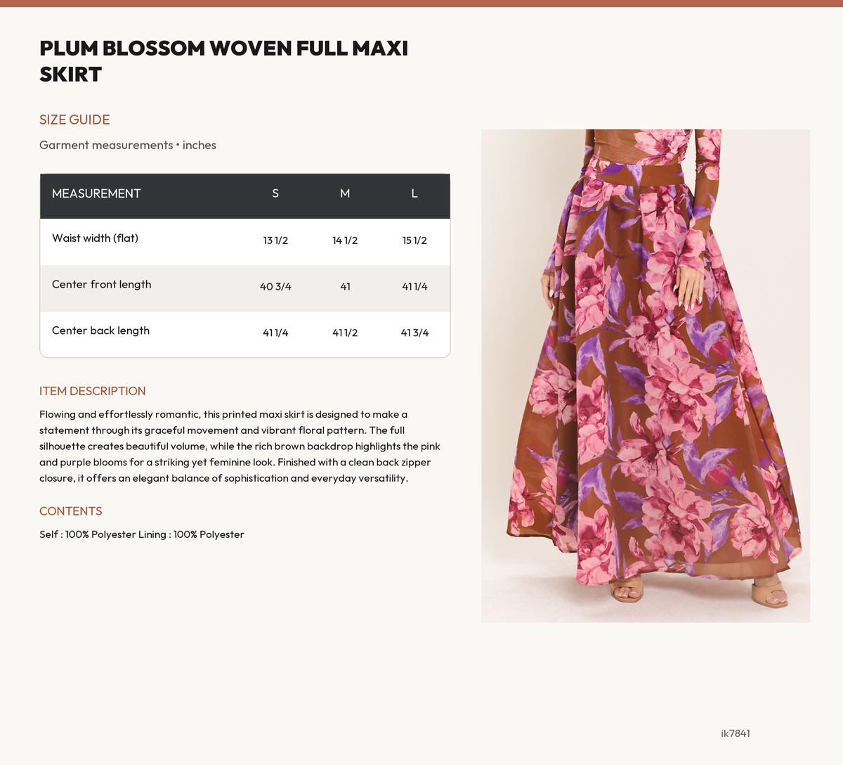 PLUM BLOSSOM WOVEN FULL MAXI SKIRT size chart