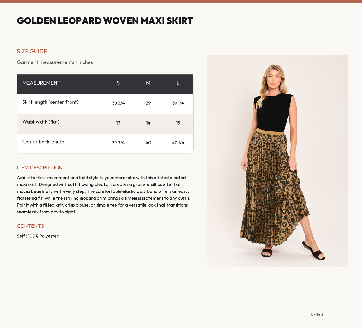 GOLDEN LEOPARD WOVEN MAXI SKIRT size chart