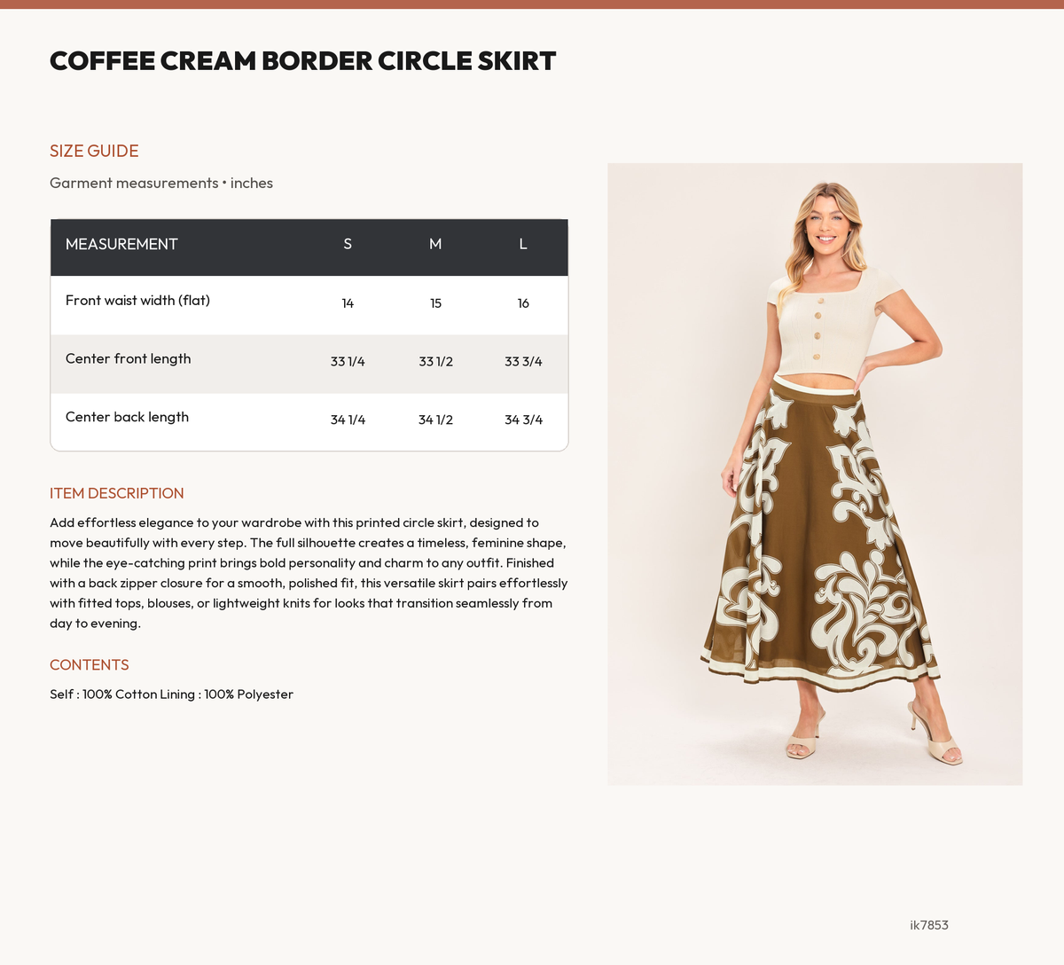COFFEE CREAM BORDER CIRCLE SKIRT size chart