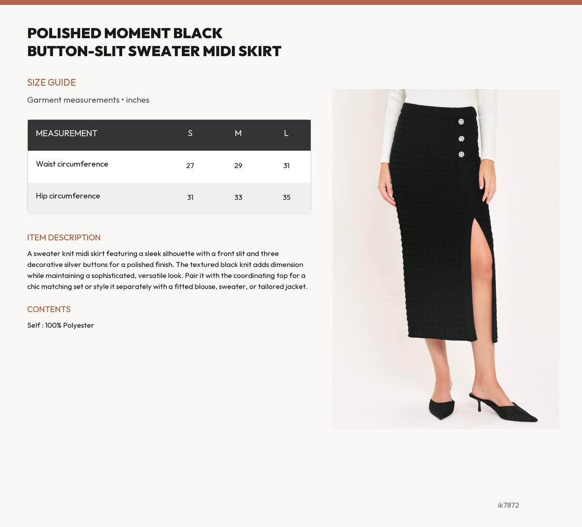 POLISHED MOMENT BLACK BUTTON-SLIT SWEATER MIDI SKIRT size chart