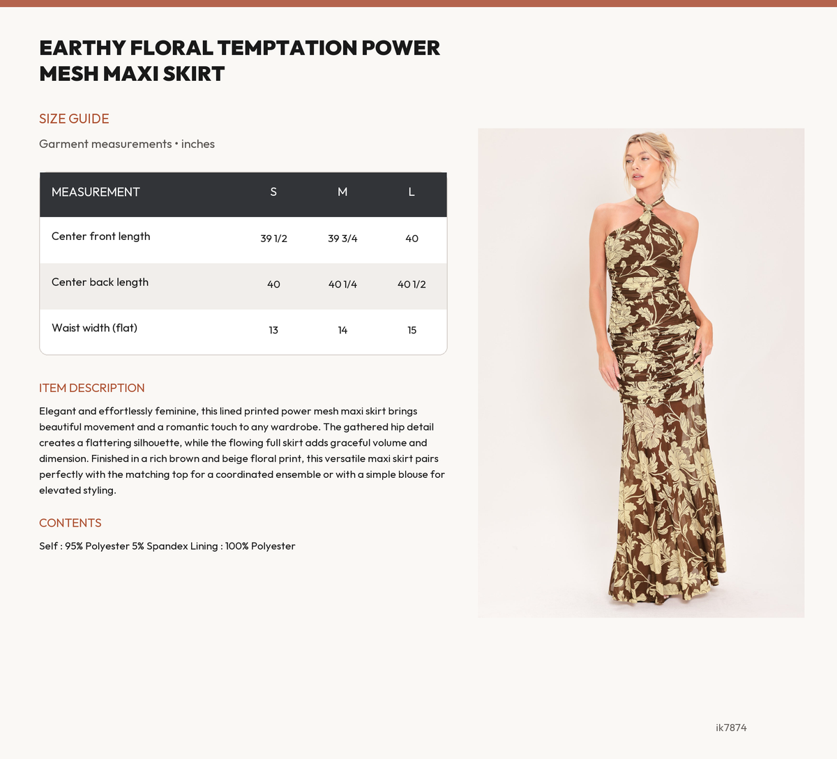 EARTHY FLORAL TEMPTATION POWER MESH MAXI SKIRT size chart