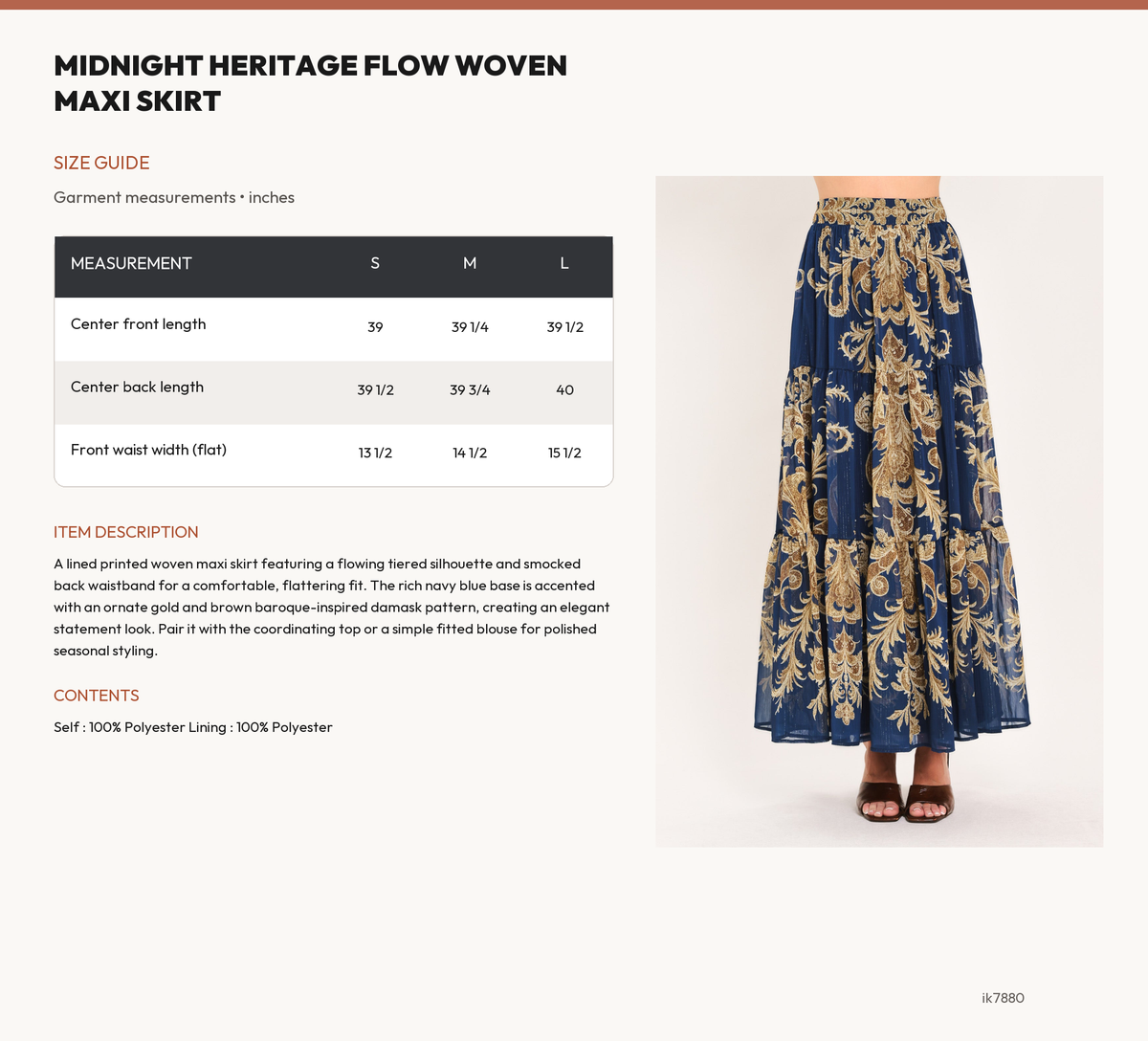 MIDNIGHT HERITAGE FLOW WOVEN MAXI SKIRT size chart