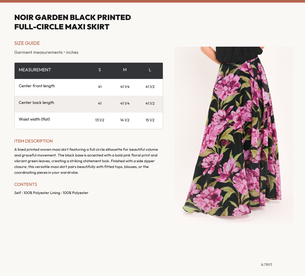 NOIR GARDEN BLACK PRINTED FULL-CIRCLE MAXI SKIRT size chart
