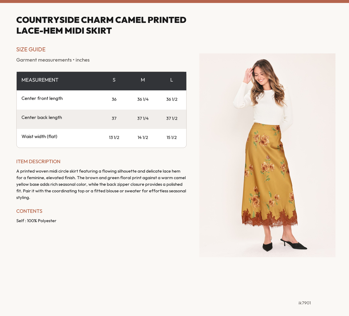 COUNTRYSIDE CHARM CAMEL PRINTED LACE-HEM MIDI SKIRT size chart