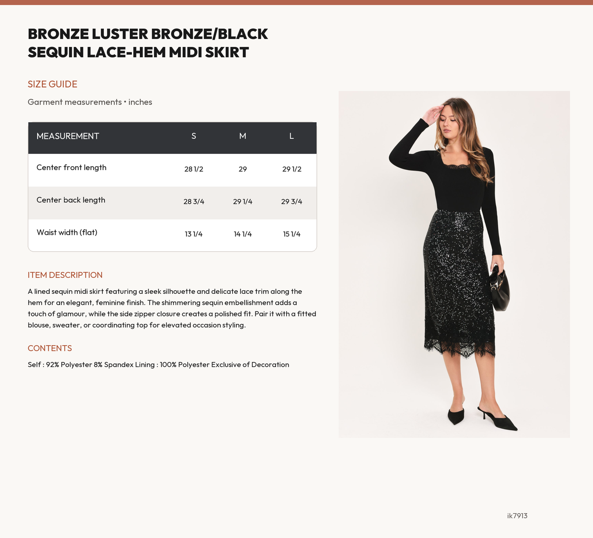BRONZE LUSTER BRONZE/BLACK SEQUIN LACE-HEM MIDI SKIRT size chart