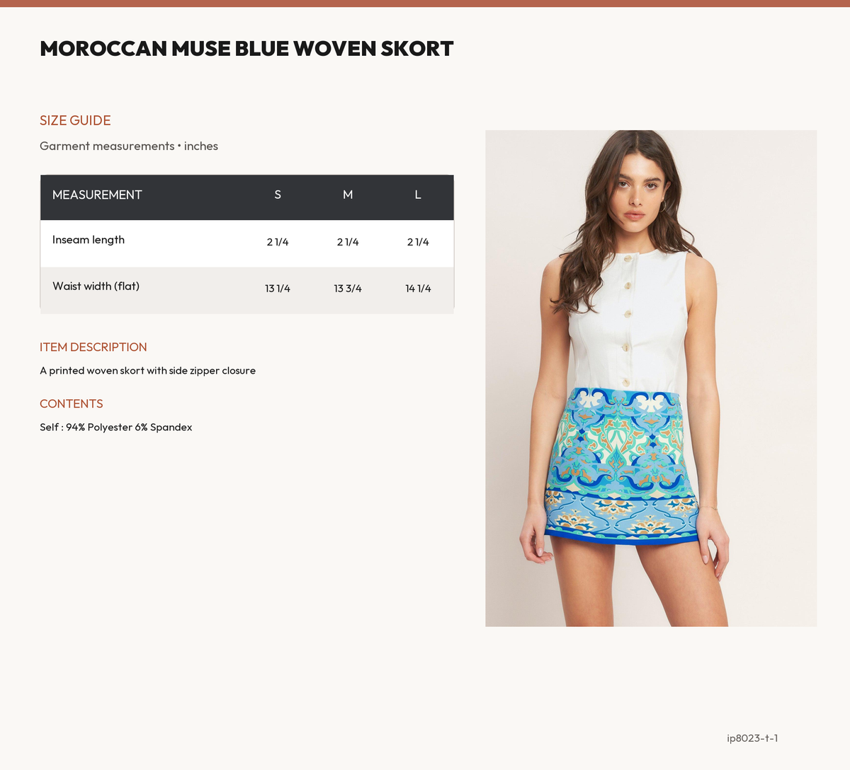 MOROCCAN MUSE BLUE WOVEN SKORT size chart