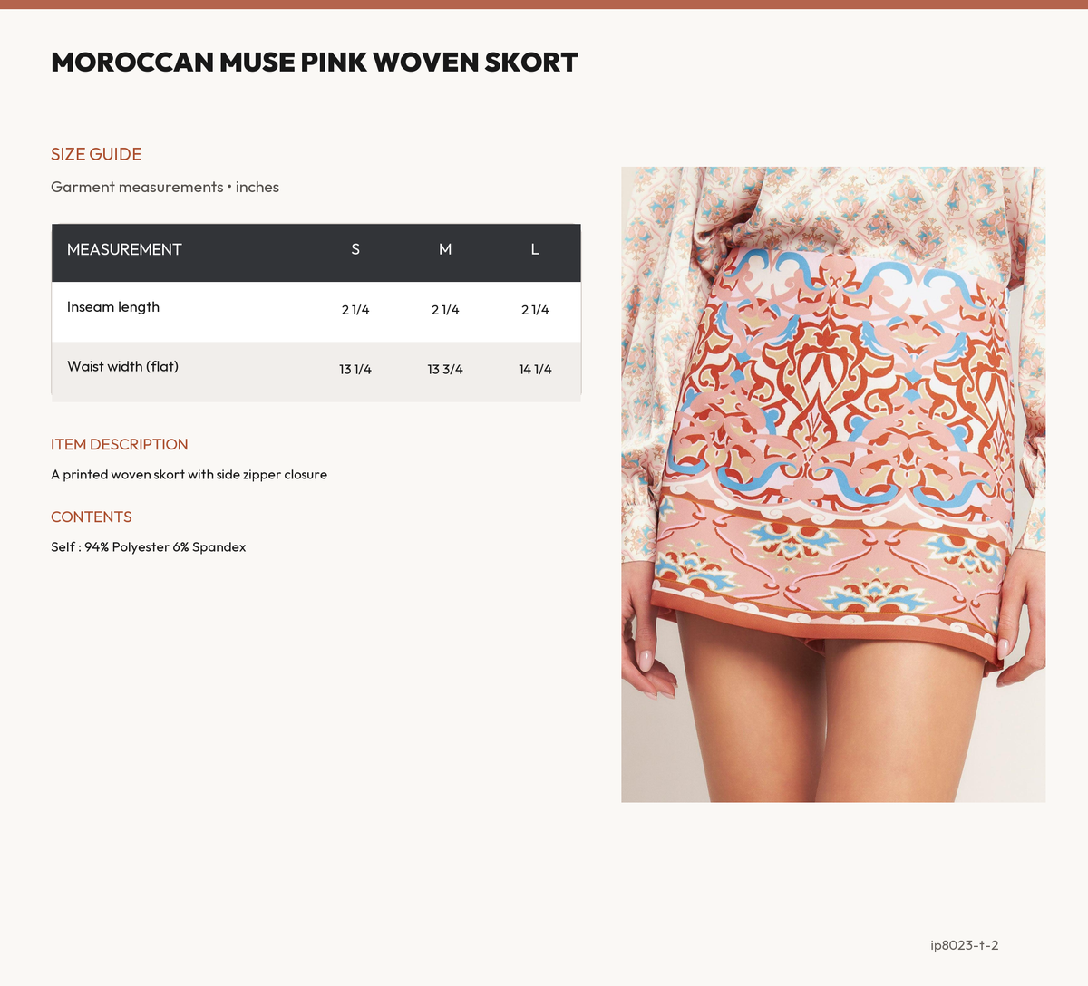 MOROCCAN MUSE PINK WOVEN SKORT size chart