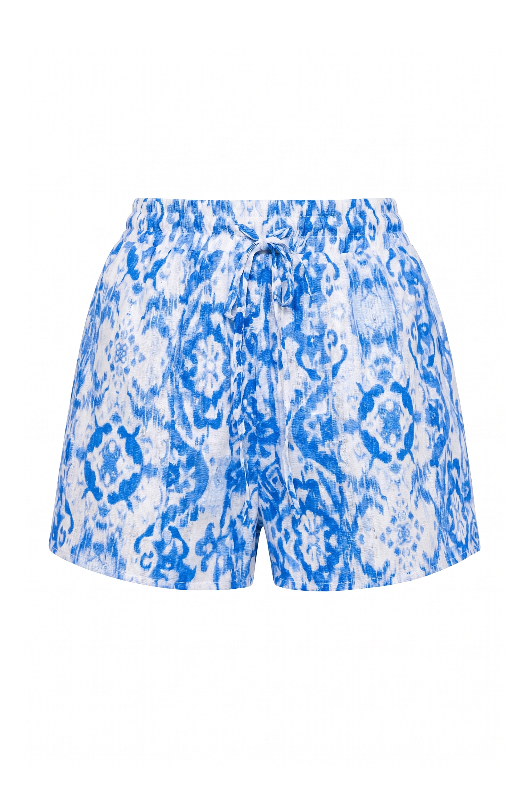 Blue and white patterned shorts with a drawstring waist, shown against a plain white background.