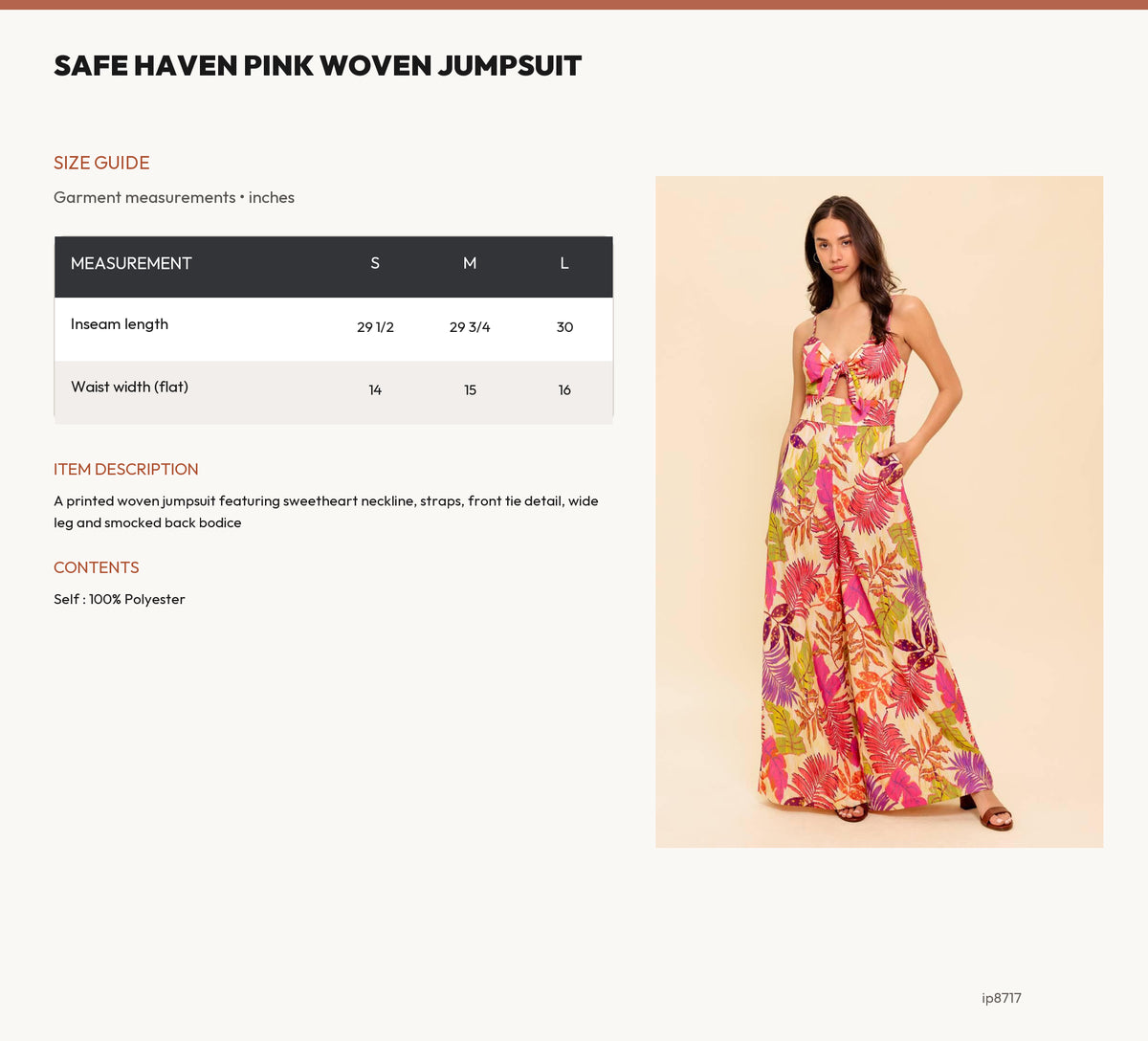 SAFE HAVEN PINK WOVEN JUMPSUIT size chart