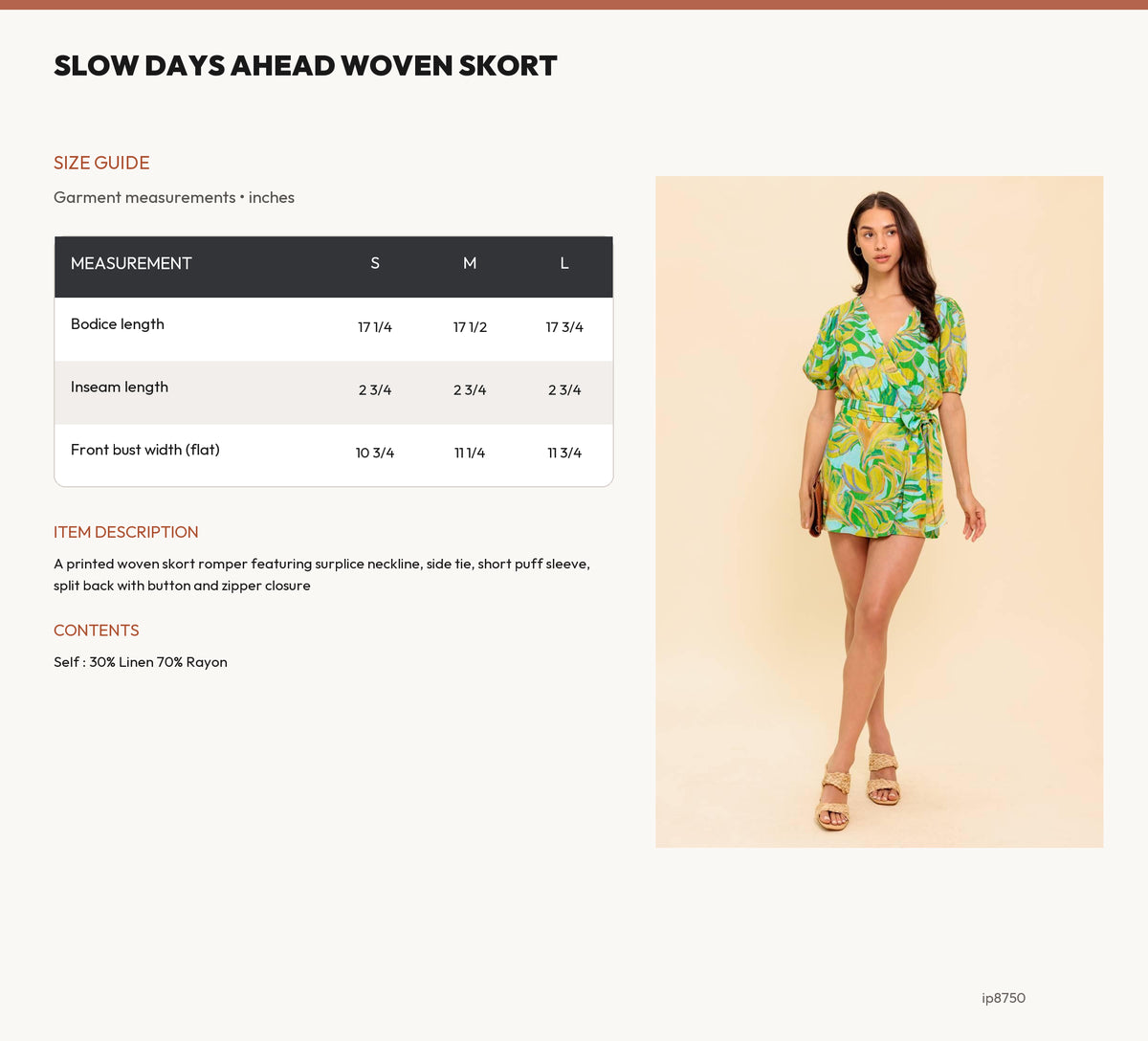 SLOW DAYS AHEAD WOVEN SKORT size chart