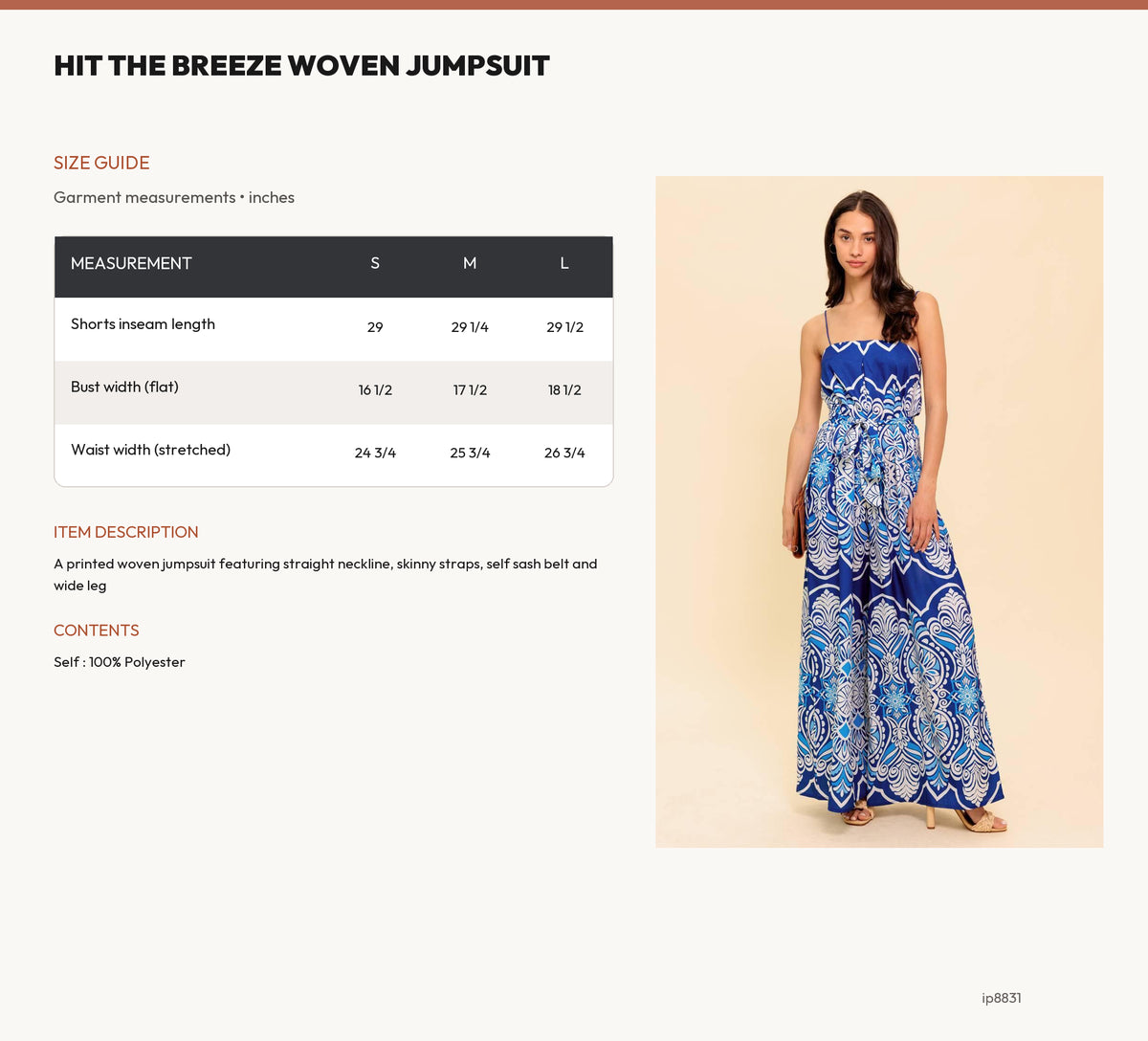 HIT THE BREEZE WOVEN JUMPSUIT size chart