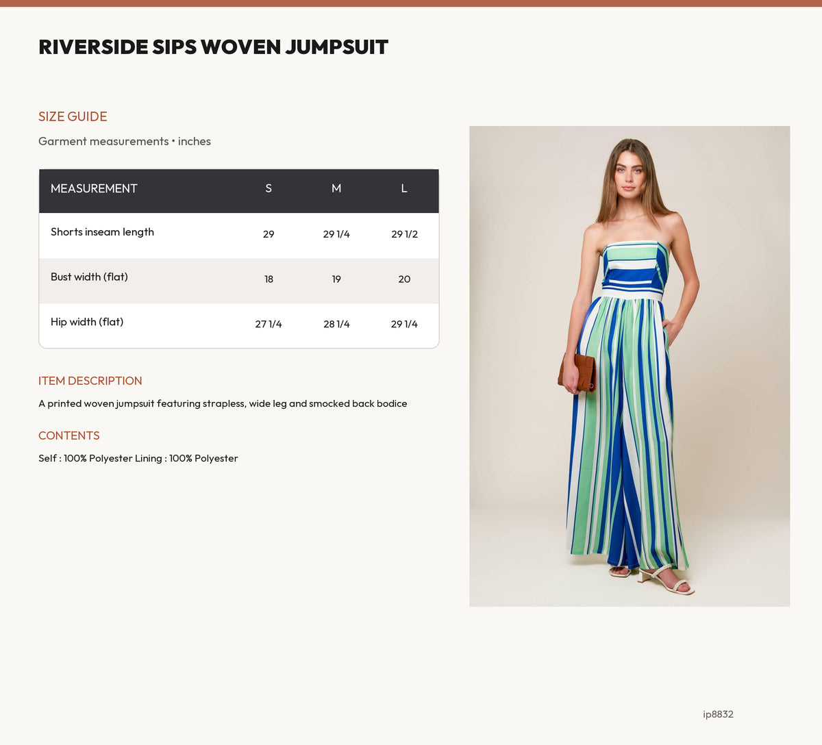 RIVERSIDE SIPS WOVEN JUMPSUIT size chart
