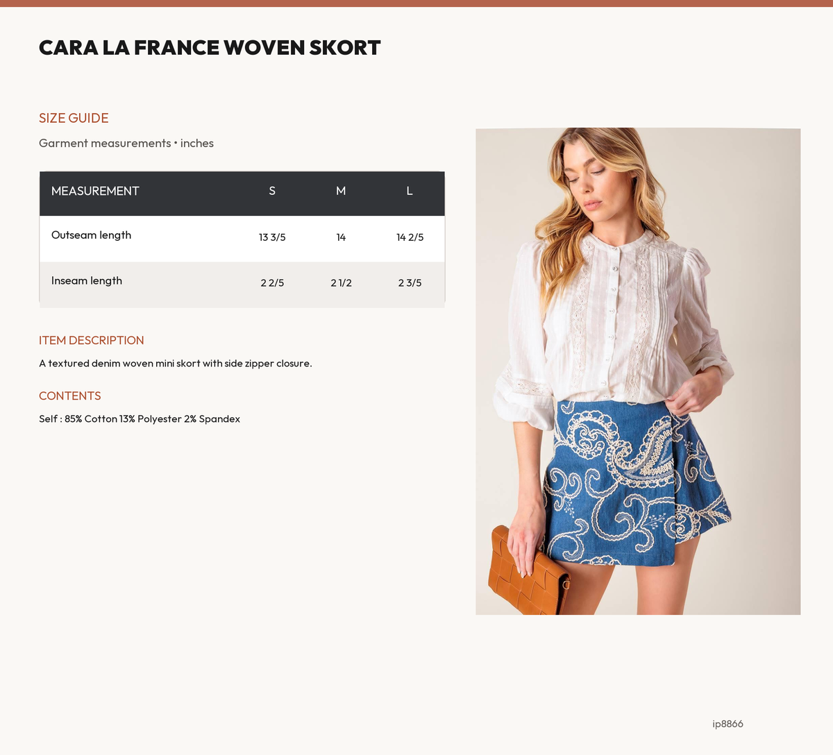 CARA LA FRANCE WOVEN SKORT size chart
