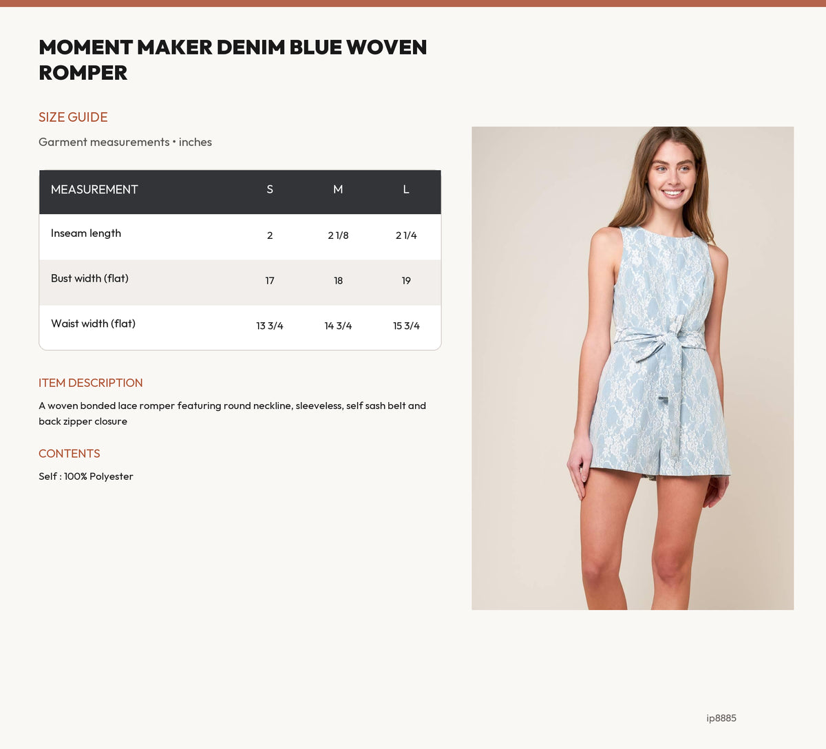 MOMENT MAKER DENIM BLUE WOVEN ROMPER size chart