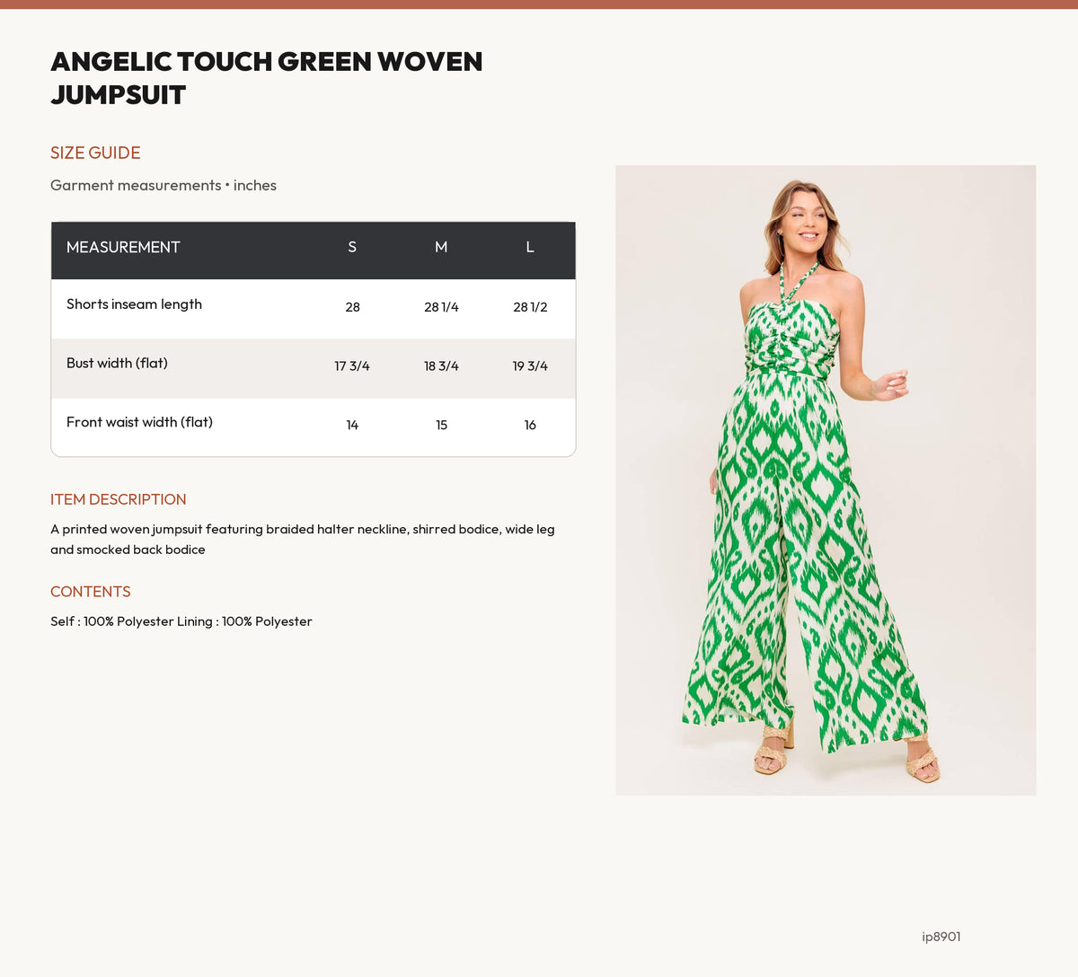 ANGELIC TOUCH GREEN WOVEN JUMPSUIT size chart
