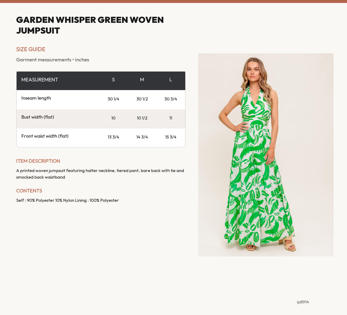 GARDEN WHISPER GREEN WOVEN JUMPSUIT size chart