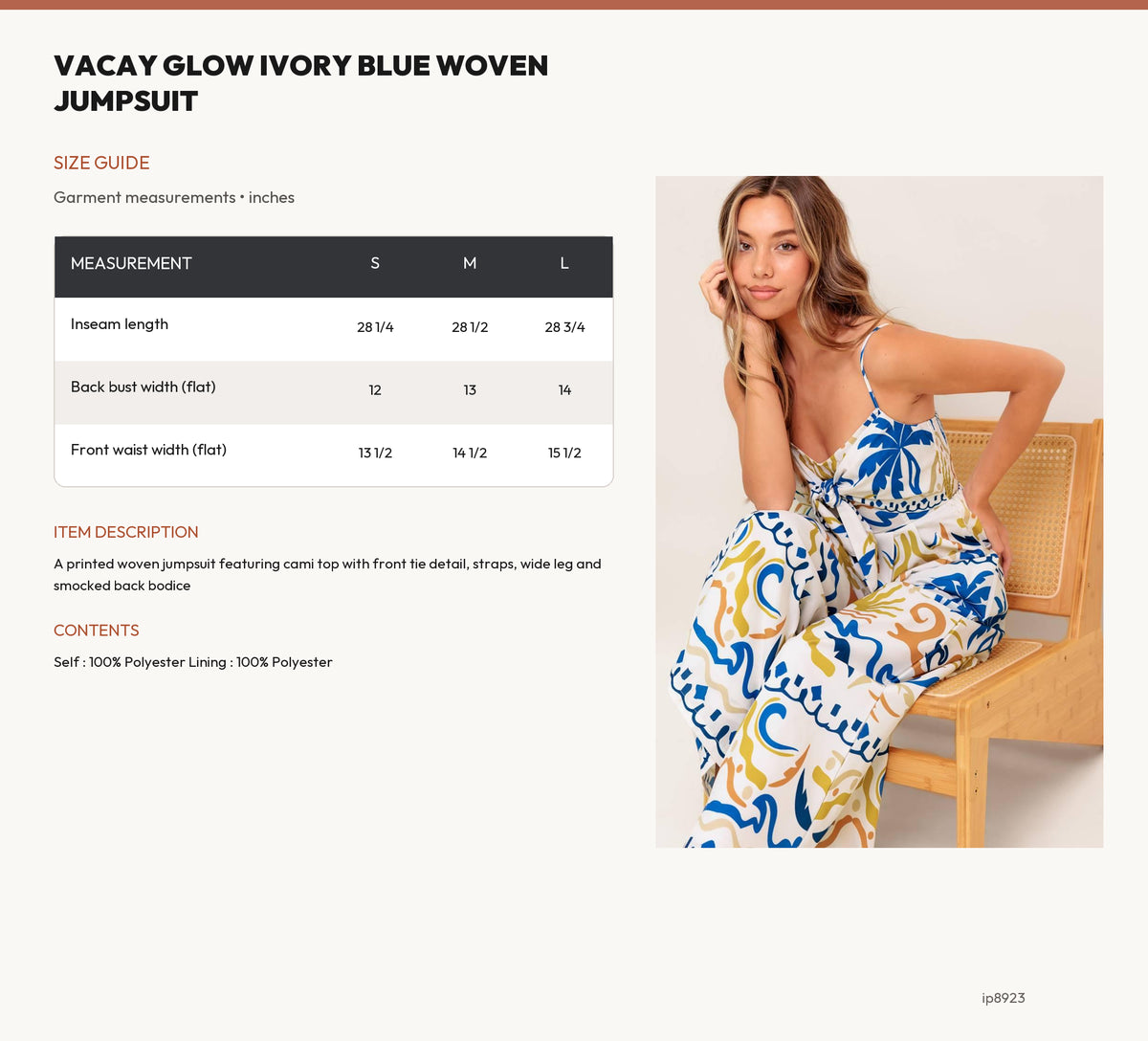 VACAY GLOW IVORY BLUE WOVEN JUMPSUIT size chart