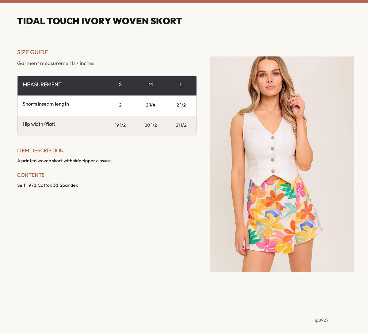 TIDAL TOUCH IVORY WOVEN SKORT size chart
