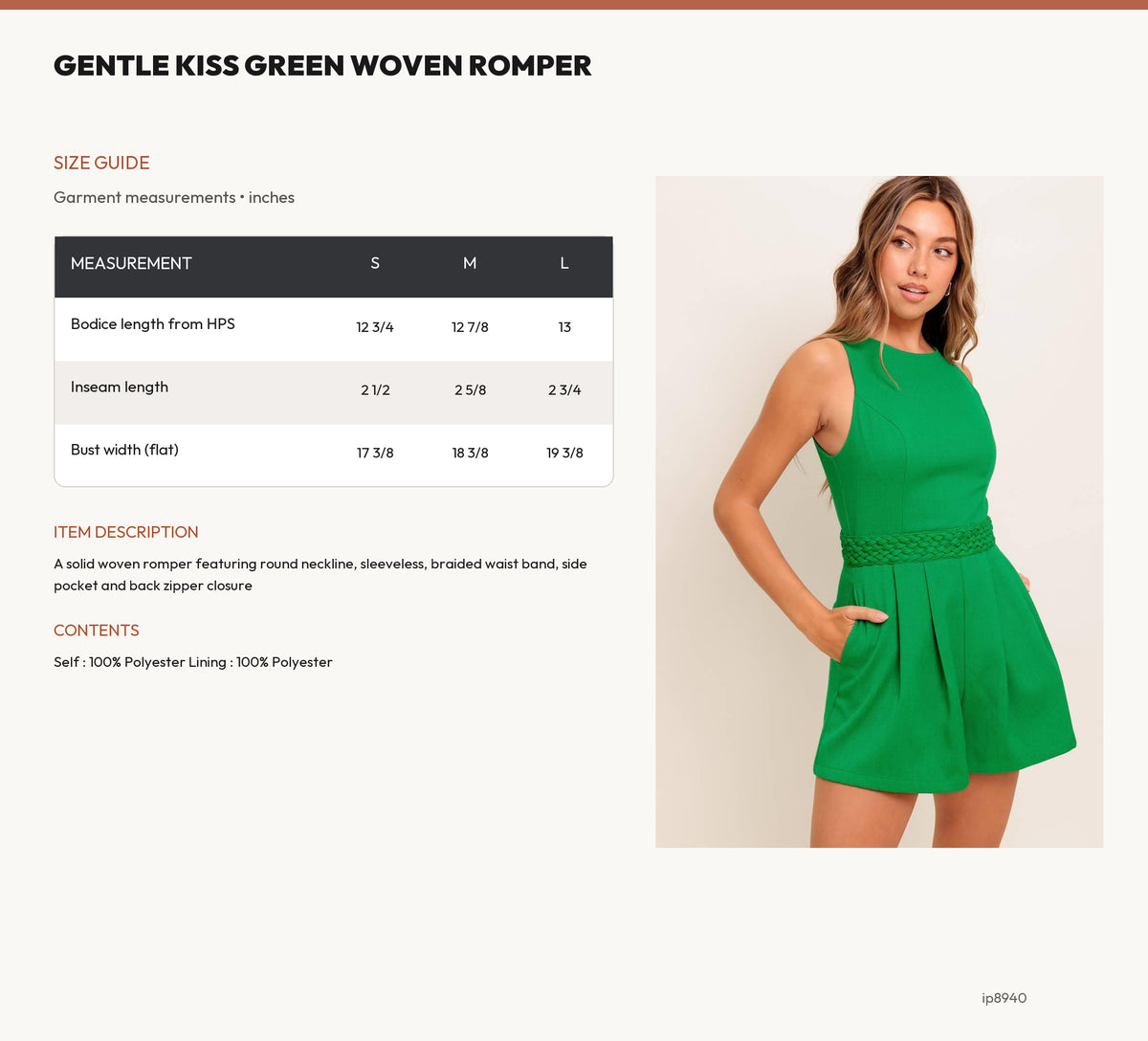GENTLE KISS GREEN WOVEN ROMPER size chart