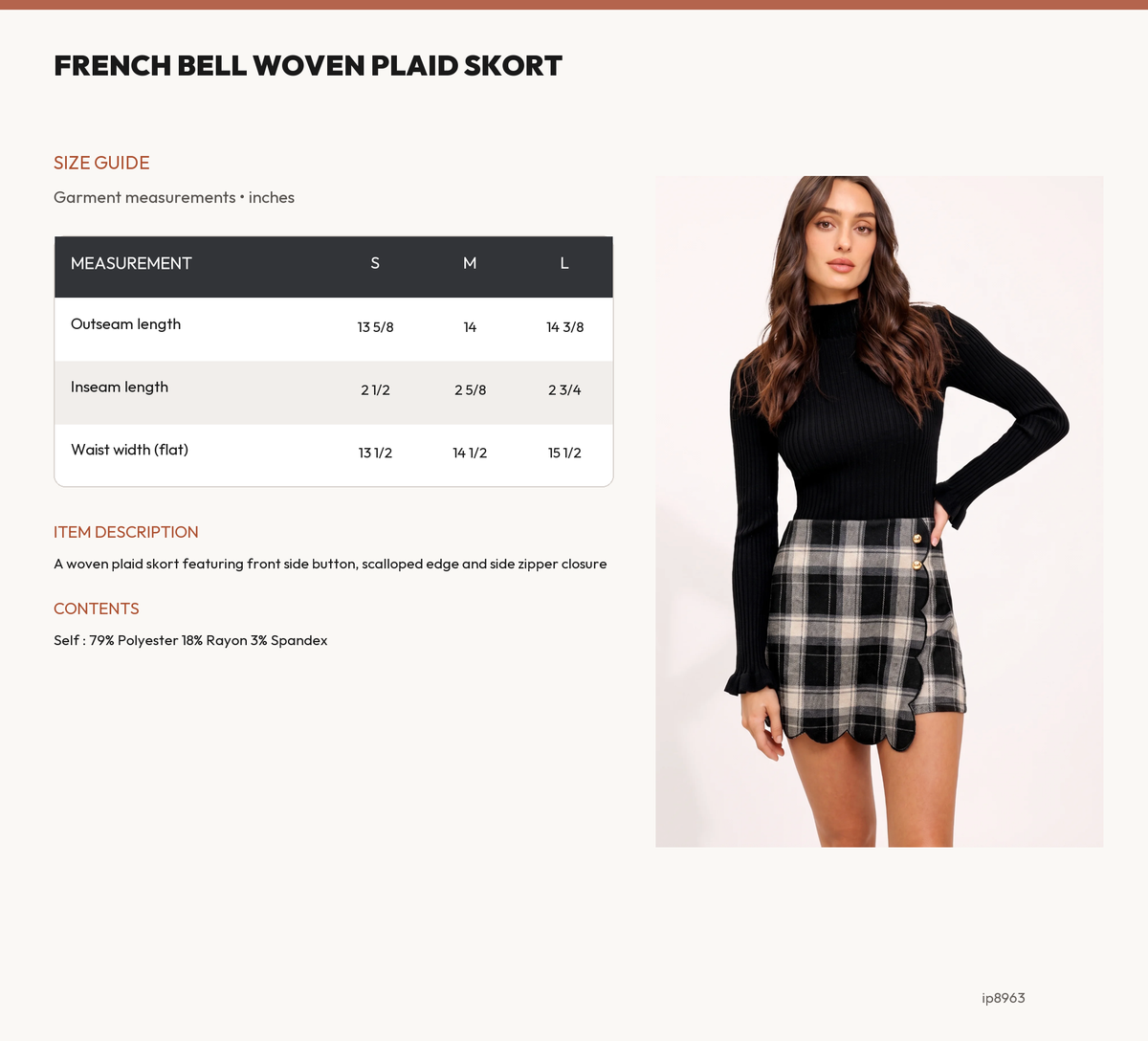 FRENCH BELL WOVEN PLAID SKORT size chart