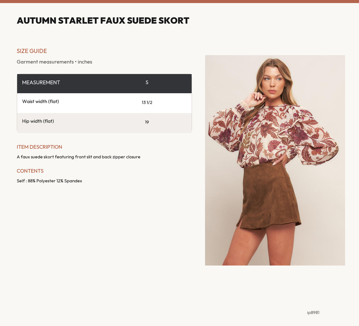 AUTUMN STARLET FAUX SUEDE SKORT size chart