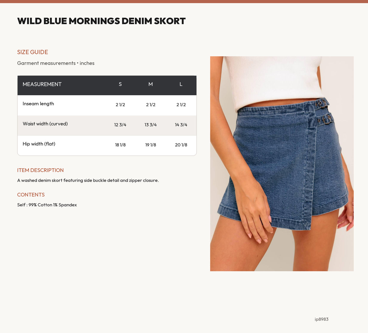WILD BLUE MORNINGS DENIM SKORT size chart