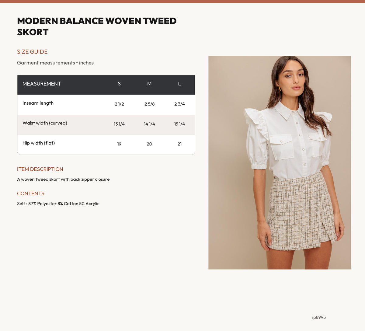 MODERN BALANCE WOVEN TWEED SKORT size chart