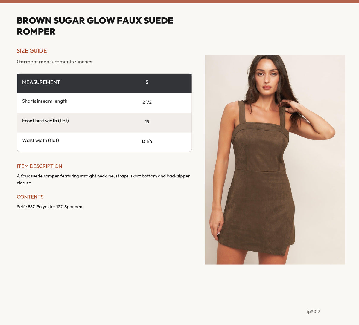 BROWN SUGAR GLOW FAUX SUEDE ROMPER size chart