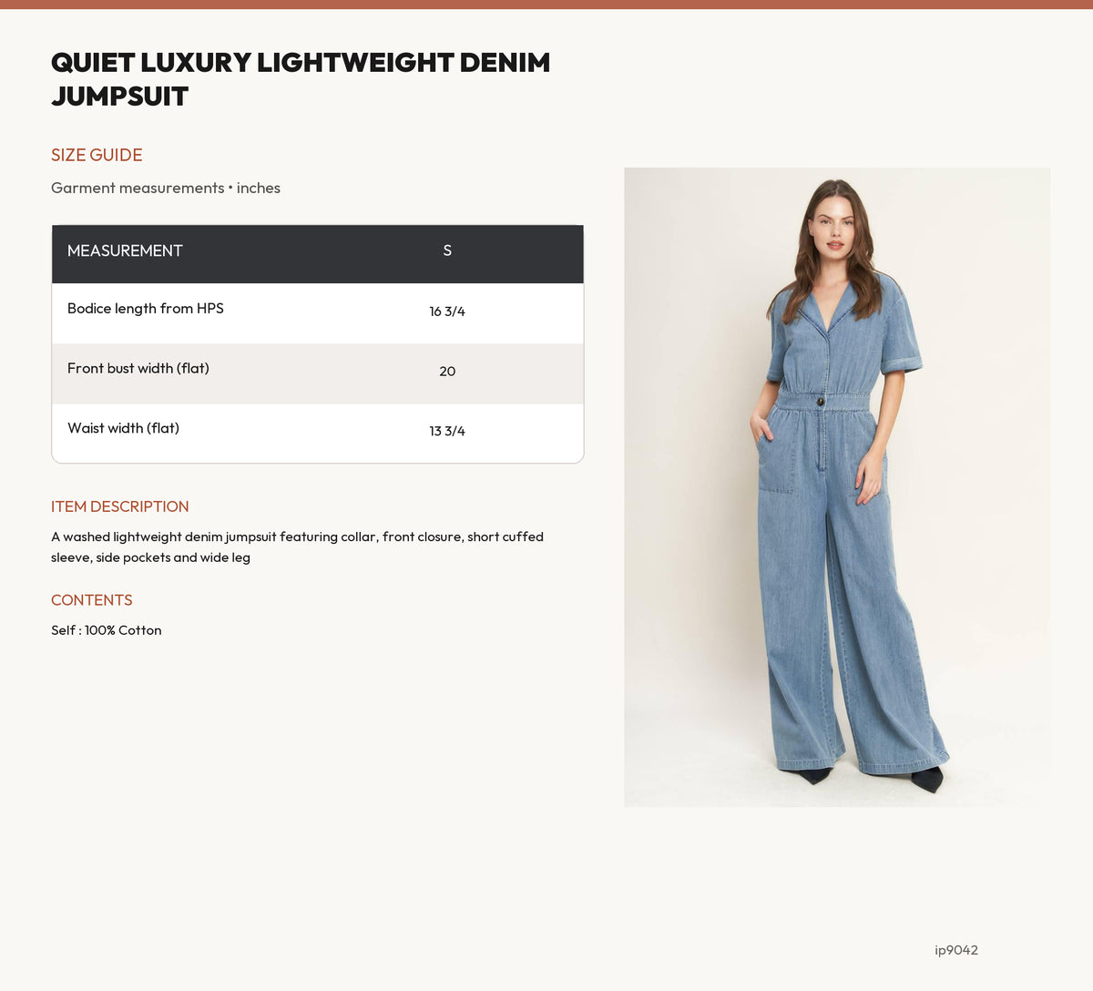 QUIET LUXURY LIGHTWEIGHT DENIM JUMPSUIT size chart