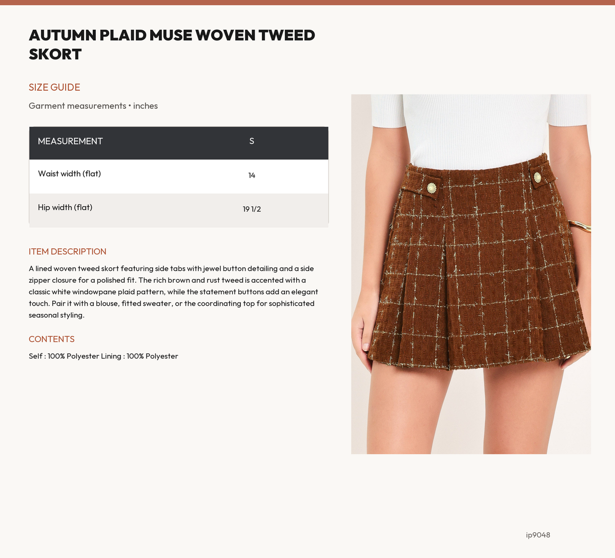 AUTUMN PLAID MUSE WOVEN TWEED SKORT size chart
