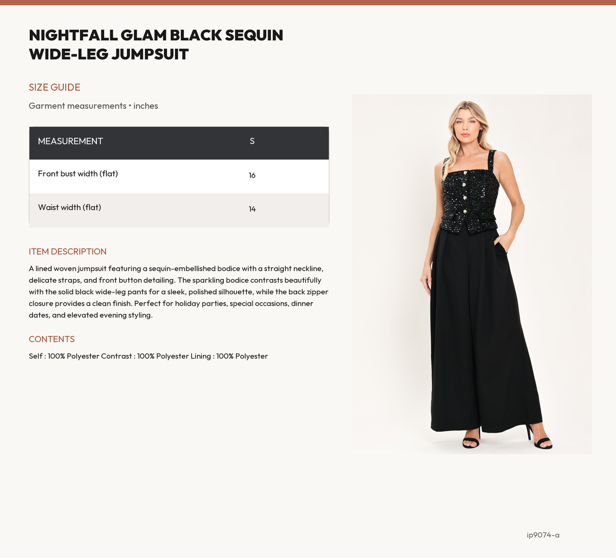 NIGHTFALL GLAM BLACK SEQUIN WIDE-LEG JUMPSUIT size chart