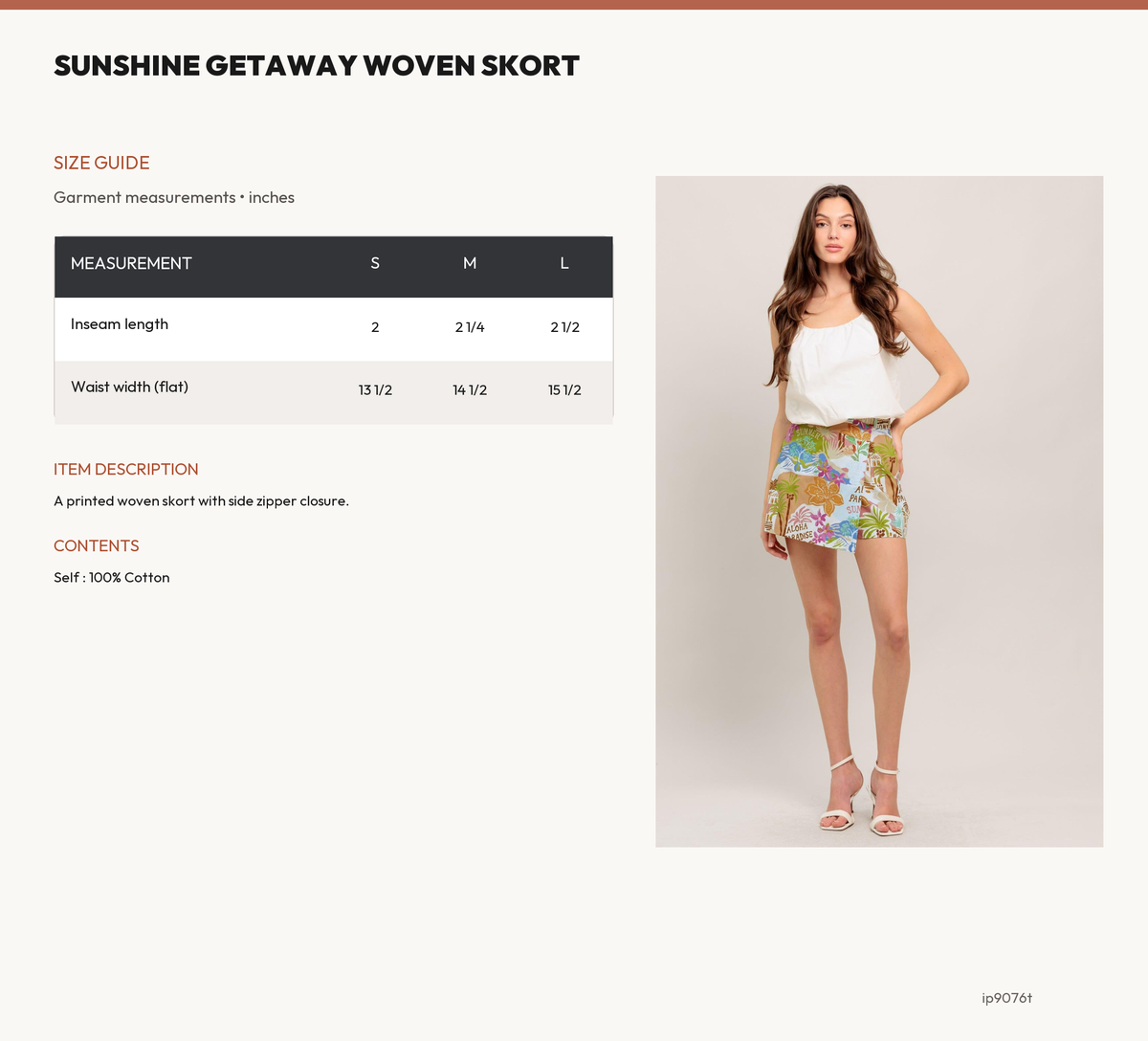 SUNSHINE GETAWAY WOVEN SKORT size chart