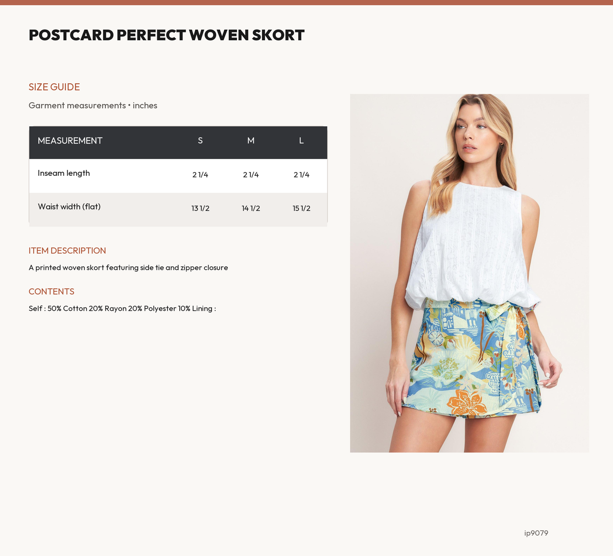 POSTCARD PERFECT WOVEN SKORT size chart