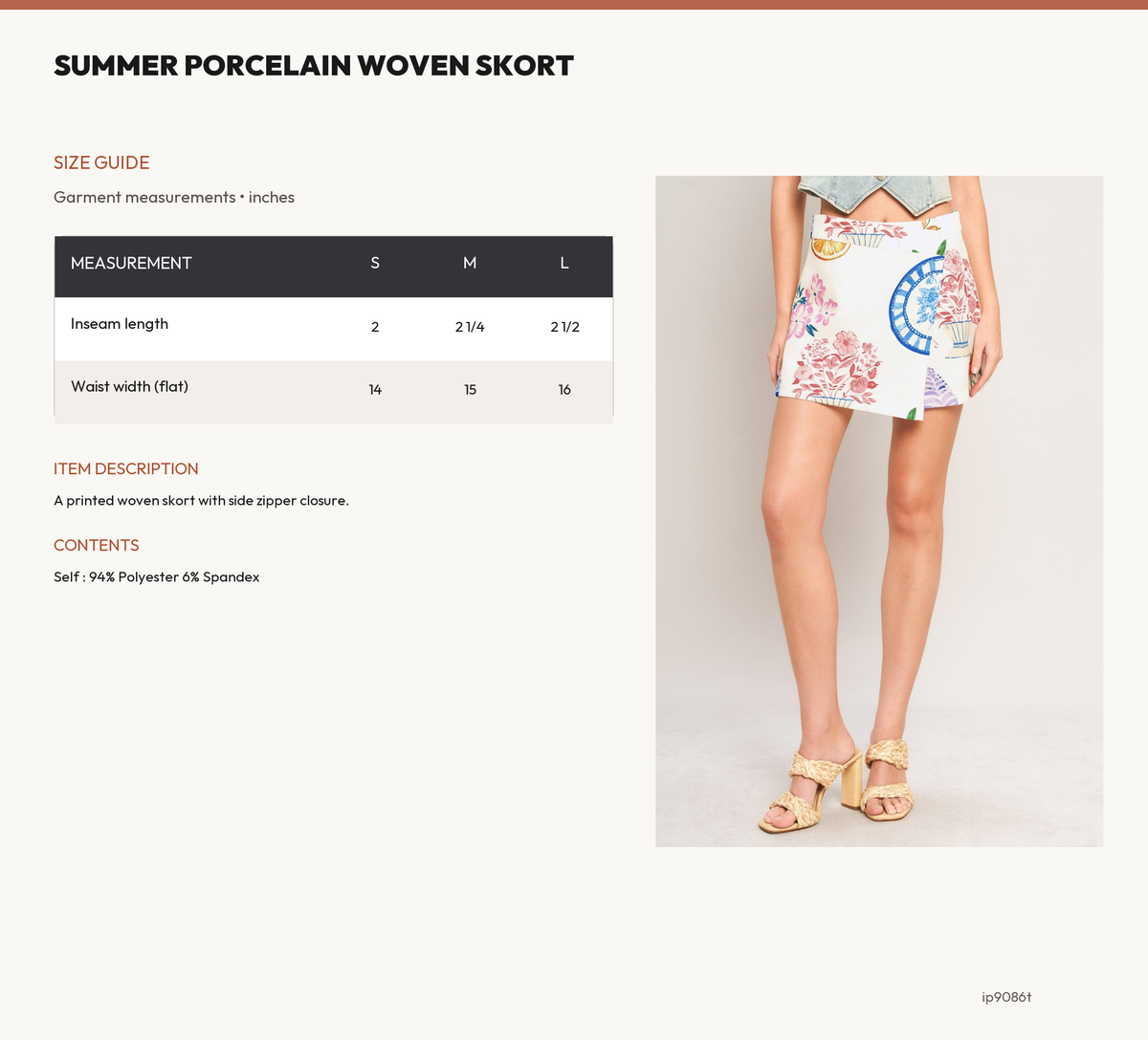SUMMER PORCELAIN WOVEN SKORT size chart