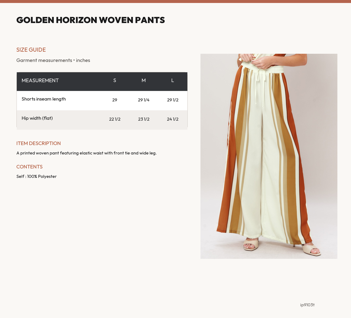 GOLDEN HORIZON WOVEN PANTS size chart