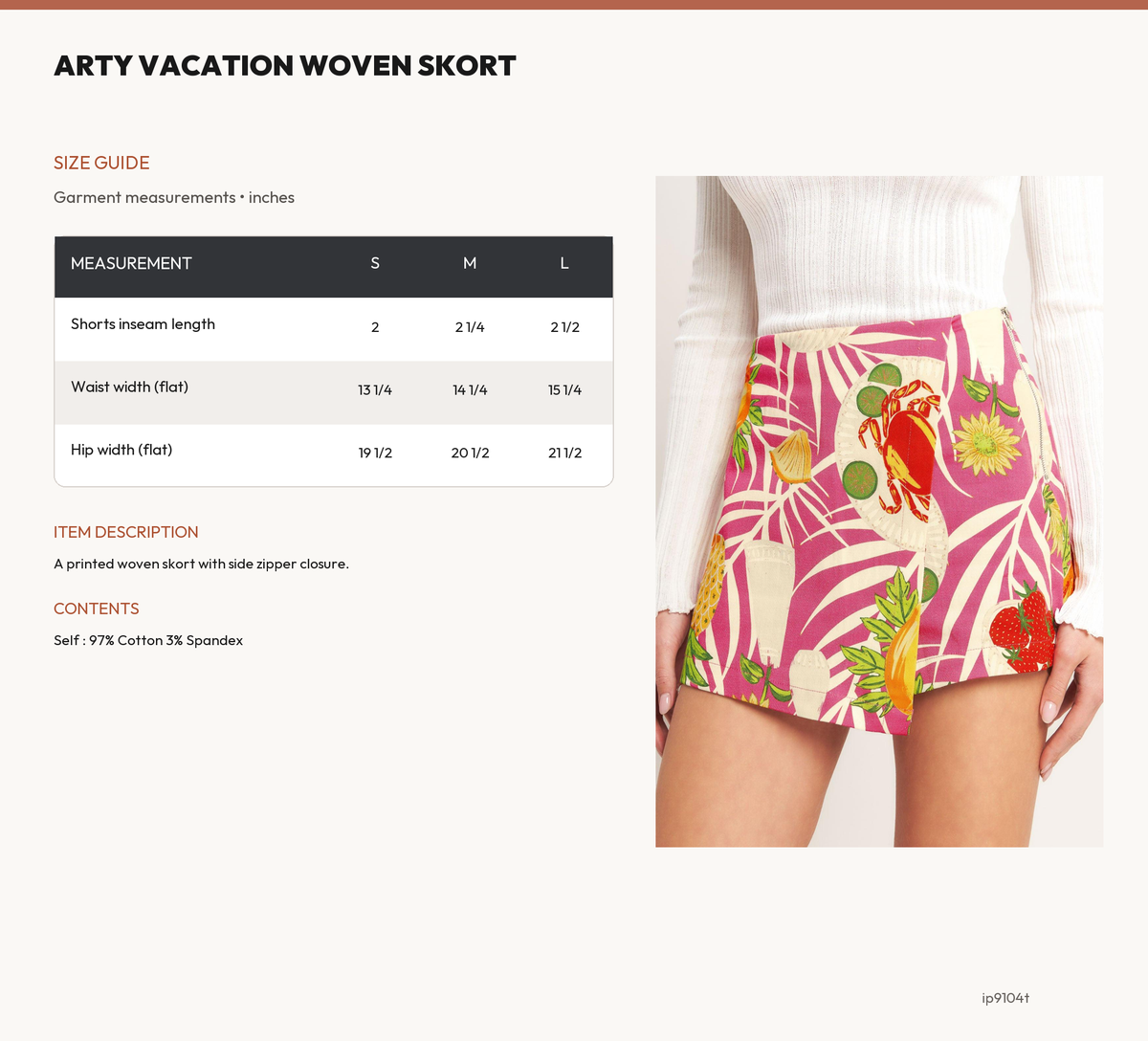 ARTY VACATION WOVEN SKORT size chart