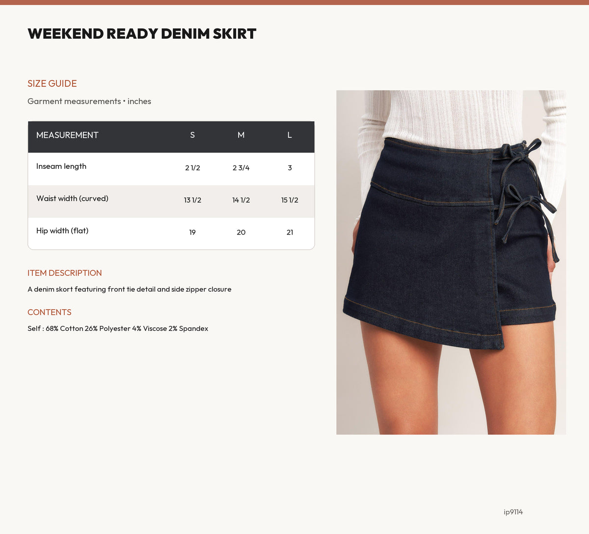 WEEKEND READY DENIM SKIRT size chart